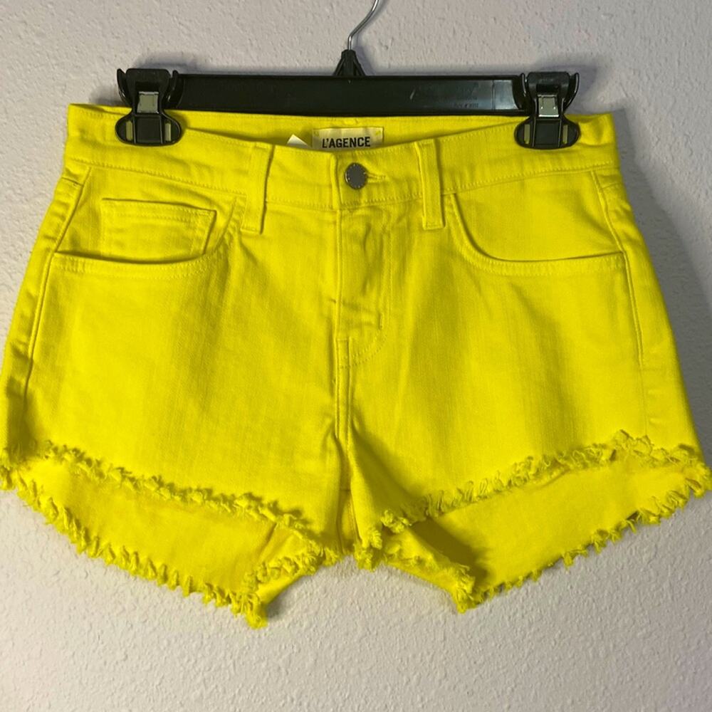 L’AGENCE Women Bright Yellow Raw Hem Denim Shorts Size 25